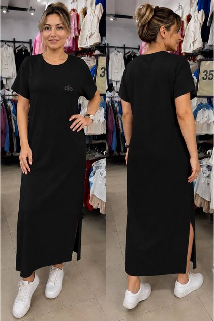 Women's Short Sleeve Long Dress Combed Cotton – Side Slit Casual Dress