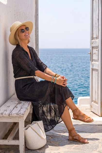 Italian Black Shirt Collar Long Sleeve Lined Skirt Ruffle Belted Embroidered Silk Long Woven Dress 123 56