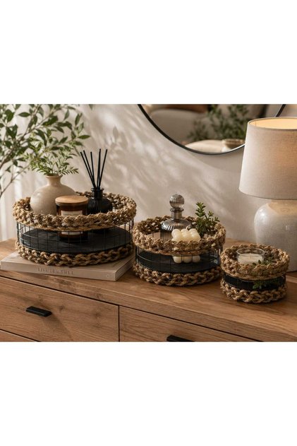 Wicker Weave Black Wooden Base Organizer Basket Bohemian Style