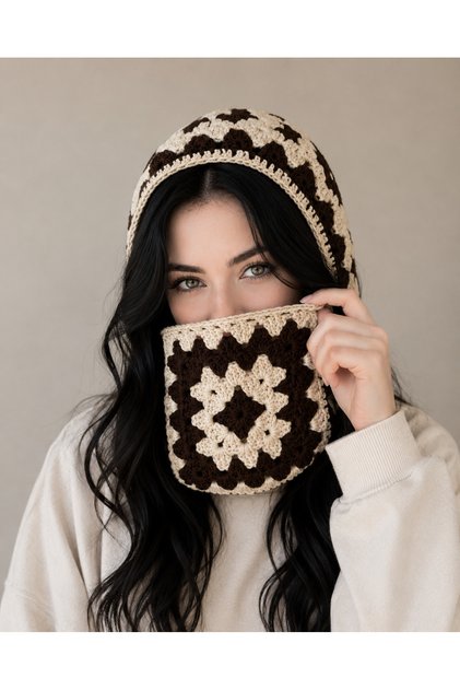 Knitted Balaklava, Motifed Two Color Scarf Beanie, Balaclava