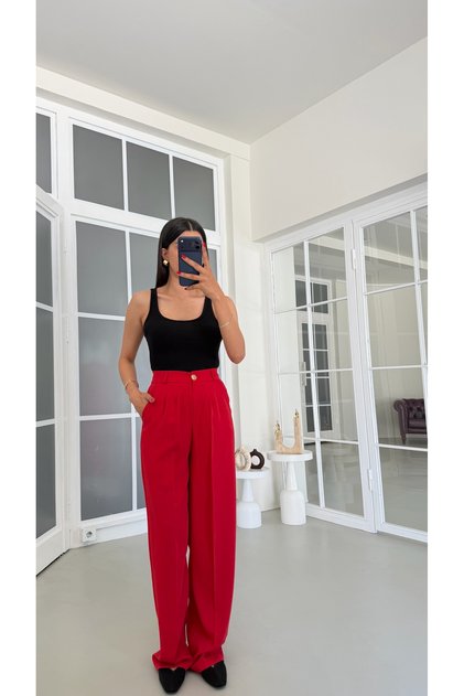 Kırmızı Gold Düğmeli Tencel Pantolon GAUS-01844