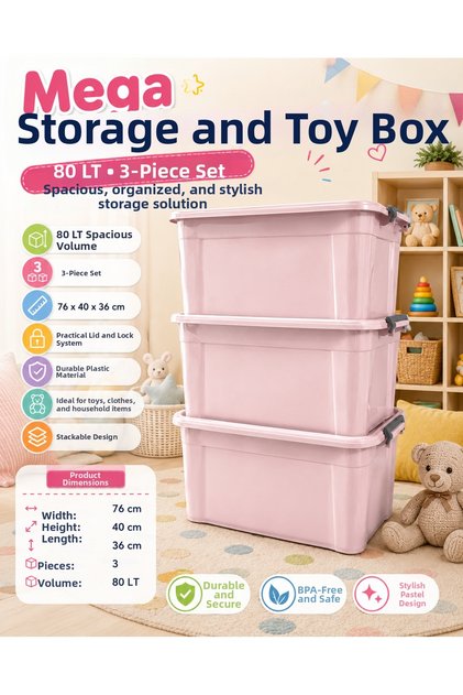 80 Lt Lockable Storage Box Mega Toy Organizer Box with Wheels 76X40X36 cm 3 Pieces