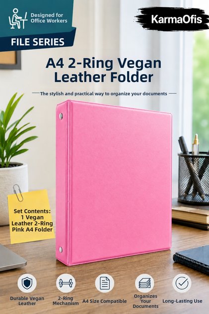 A4 2-Ring Pink Faux Leather Folder | File and Document Organizer – 7 Color Options