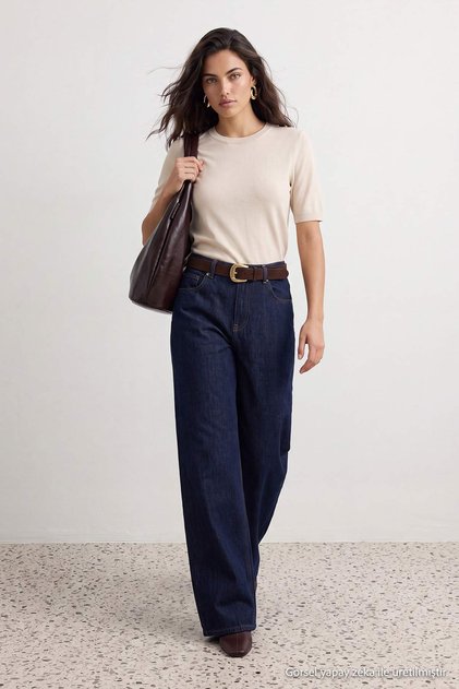Wardrobe Essentials Koyu Mavi DÖKÜMLÜ Normal Bel Wide Leg Geniş Paça Jeans TWOAW27JE00041