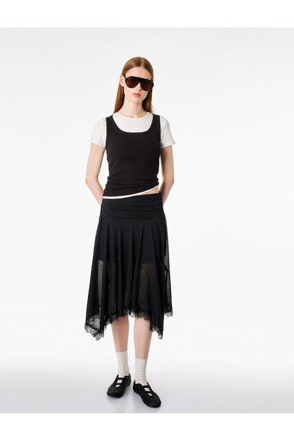 Dantel Detaylı Asimetrik Slim Fit Midi Etek