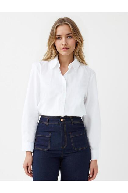 White 100% Cotton Straight Cut Long Sleeve Woven Shirt