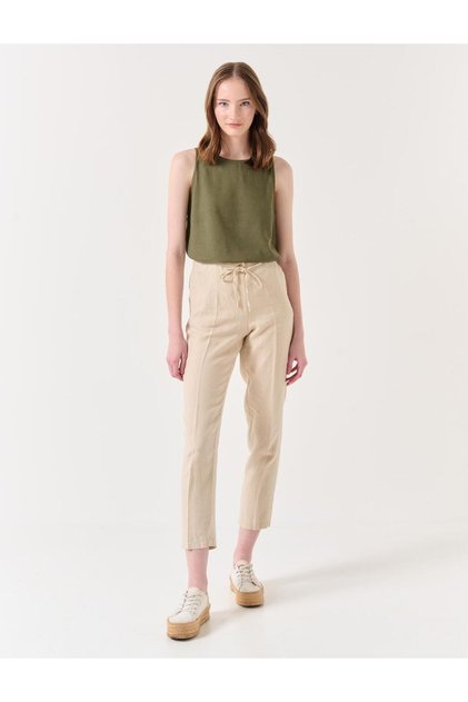 Stone 100% Linen Normal Leg Normal Waist Trousers