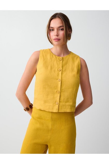 Mustard 100% Linen Slim Fit Woven Vest