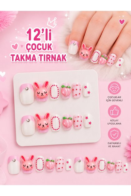 Çocuk Takma Tırnak, Yeni Desenli 12'li Çocuk Takma Tırnağı & 24'li Pro Zararsız Yapıştırıcı