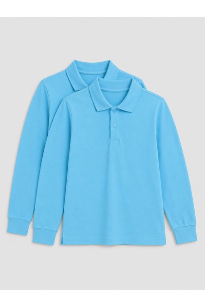 2-Pack Cotton Long Sleeve Polo School T-Shirts - Blue