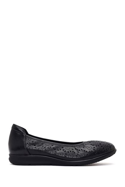 Women's Black Patterned Leather Ballet Flats 26Pfd495018