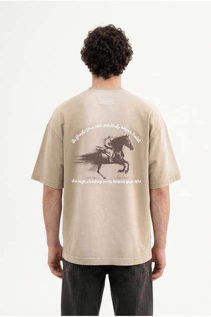 Men's Printed and Embroidered Washable Oversize T-Shirt Dark Beige