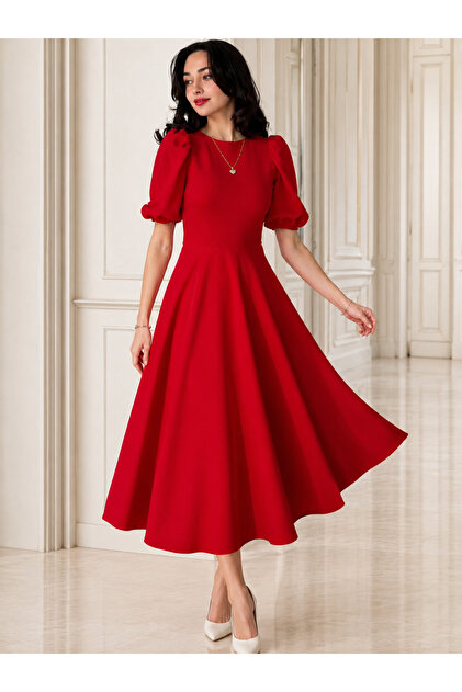 JANES Women's Balloon Sleeve Crew Neck Wide Cut Dress, Special Occasion Dress