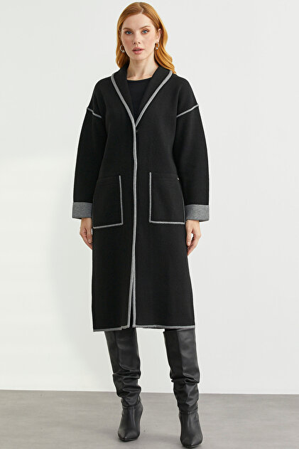 Shawl Collar Snap Fastener Long Knitwear Cardigan - Black - Dark Gray