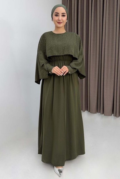 Women's batwing sleeve embellished ruched waist dress - khaki
