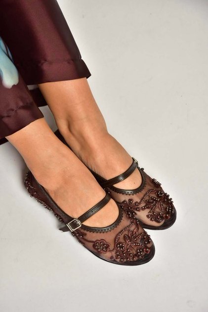 Y726330115 Brown Mesh Pearl Detailed Mesh Women's Ballerinas