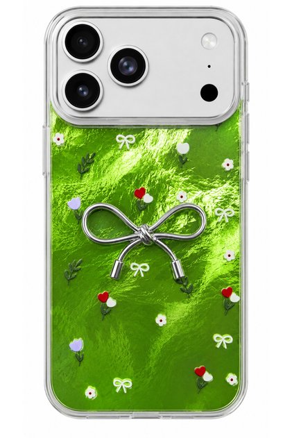 iPhone 17 PRO/18 PRO Kılıf Ebru Efektli 3D Fiyonklu Çiçek Desenli Kamera Yükseltili Kapak Yeşil