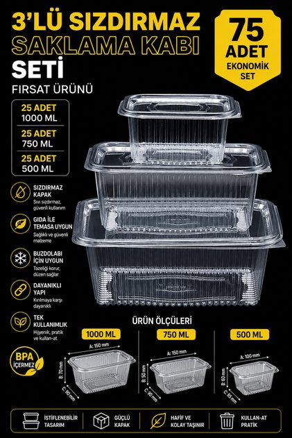 Plastik Sızdırmaz Kap Kullan At Tek Kullanımlık Plastik Kapaklı Kase 3' Lü Set Fırsat Ürünü