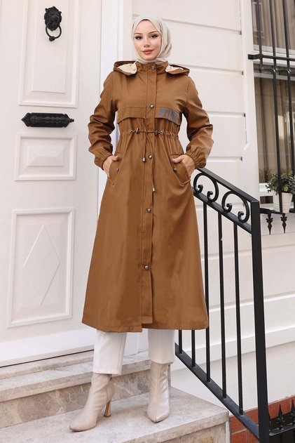 Text Detailed Hooded Coat Tan 15900