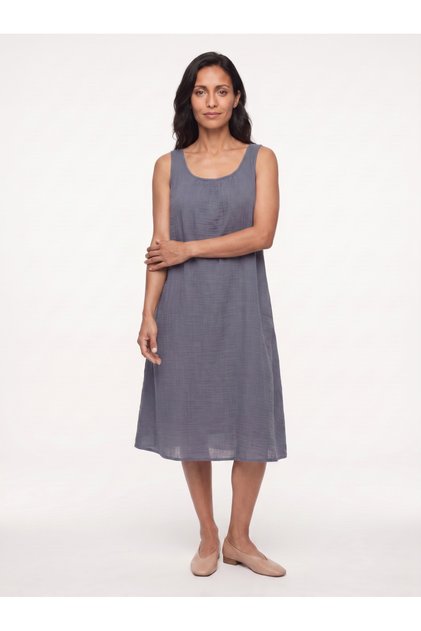 Women's Muslin Midi Dress Sleeveless A-Line Summer Casual Indigo Blue
