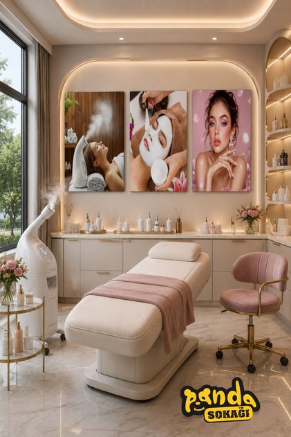 Modern Güzellik Salonu Temalı 3'lü Ahşap Tablo Seti 30x42 cm 3 mm MDF UV Baskı Spa, Cilt Bakımı ve Beauty Studio Duvar Dekoru