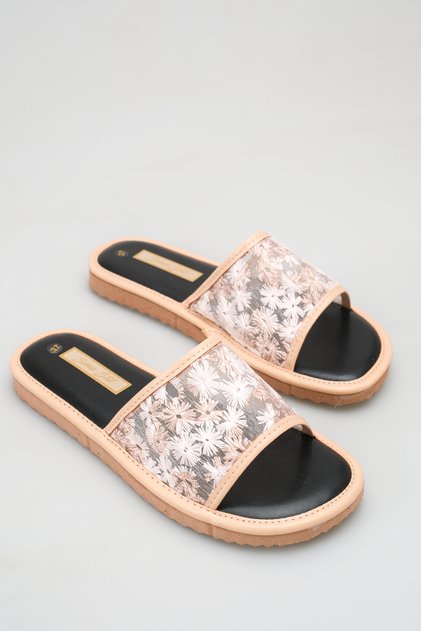 L03 Floral Embroidered Tulle Detailed Daily Soft Textured Insole Women's Summer Slippers