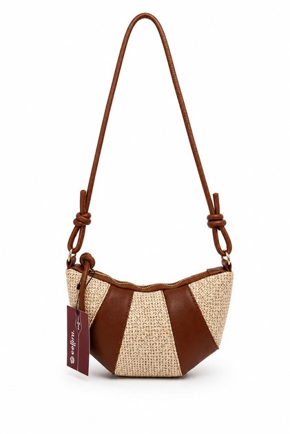 Rope Pendant Detailed Faux Leather Bohemian Croissant Style Vera Women's Crossbody Bag Straw Tan
