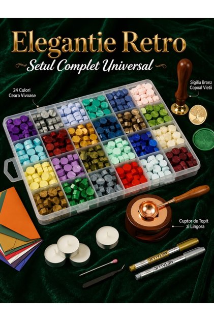 Kit de 600+ bucati de sigiliu de ceara, Excitat®, Alama/Aliaj, Margele de ceara + Lumanari de ceai + Plic+Sigiliu+Lingura de topit ceara + Incalzitor de sigilii de ceara, Multicolor