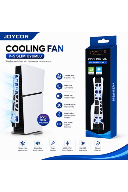PS5 Slim Soğutucu Fan - Diskli ve Dijital Versiyon Uyumlu LED Işıklı Ekstra USB Portlu