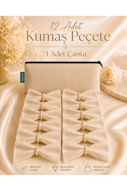 Beige 12-Piece Fabric Napkin and Pearl Presentation Ring Special Seamless Jersey Fabric