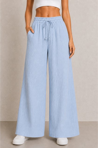 Women's Muslin Casual Pants - Elastic Waist - Wide Legs