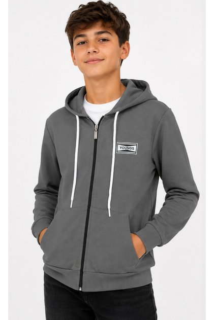 Boy's Young Text Patterned Zippered Hooded Gray Cardigan