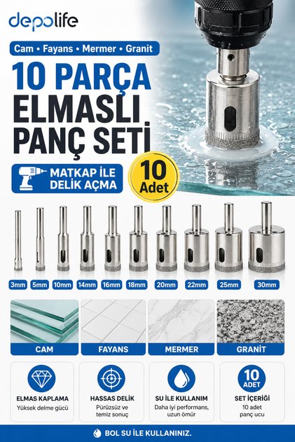 Cam Fayans Mermer Granit Delme 10 Parça Elmaslı Panç Seti Matkap ile delik Açma Pancı Elmas Boru Karo