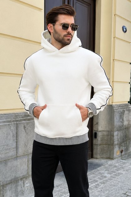Ekru Kapüşonlu Kanguru Cep Erkek Sweatshirt E7163