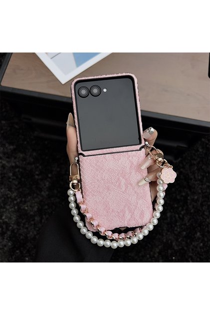 Galaxy Z Flip7 Pink Snake Pattern PU Leather Phone Case Flower Charm & Hinge Protection For Z Flip