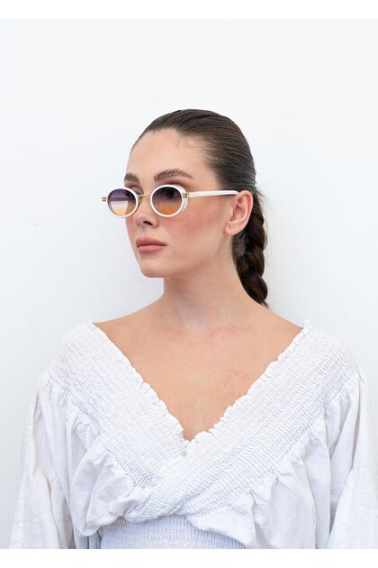 Unisex Yuvarlak Güneş Gözlüğü Beyaz Çerçeve Mor Degrade Cam UV Korumalı Cizzak C10