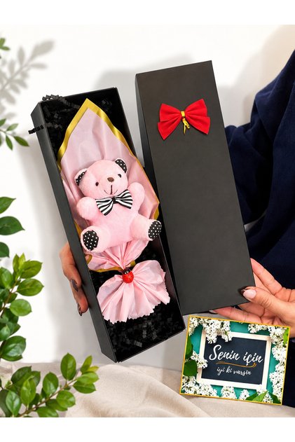 Pembe Peluş Ayıcık Buketi | Özel Siyah Kutusunda | Sevgiliye Hediye Doğum Günü Hediyesi