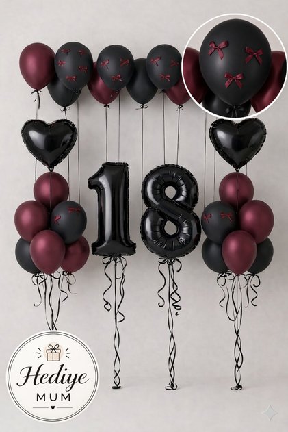 Bordo Kurdeleli Cherry Konsept Yaş Seçenekli Rakam Balonlu Doğum Günü Mumlu Balon Seti