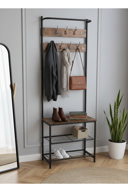 Metal Clothing Stand with 3 Shelves | Modern Clothes Organizer with Wood Hooks | Garment Rack & Shoe Storage