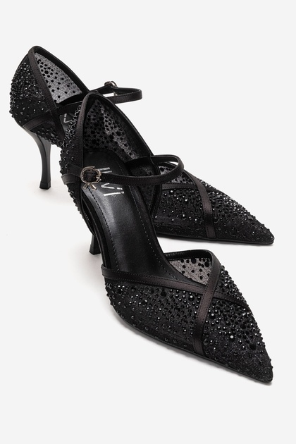 Rachel Black Satin Stone Detailed Mesh Women's Thin Heeled Evening Dress Shoes