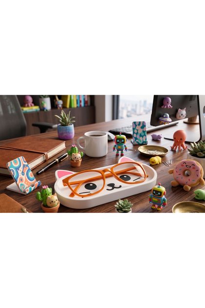 Cute Cat Figurine Desktop Organizer - Multi-Purpose Glasses Holder, Pen Holder, and Makeup Brush Holder