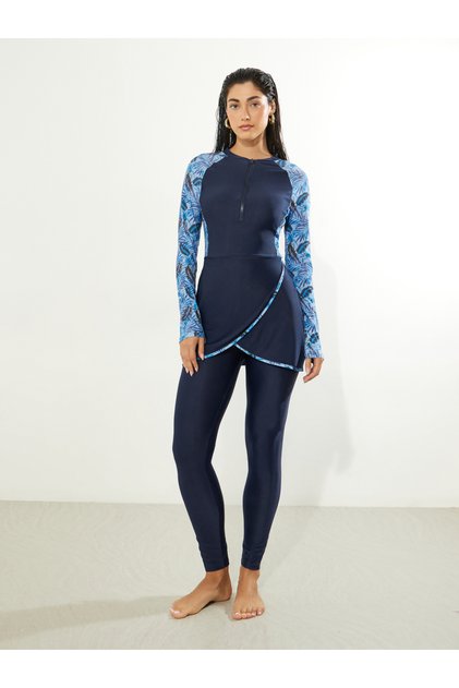 Pack of 2 - Tropical Leaf Print Raglan Sleeve Wrap Around Tunic and Leggings with Side Loop Burkini Set