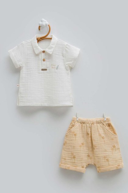 Baby Boy Shirt Collar Shorts Patterned Muslin 2-Piece Set 3-18 Months Beige