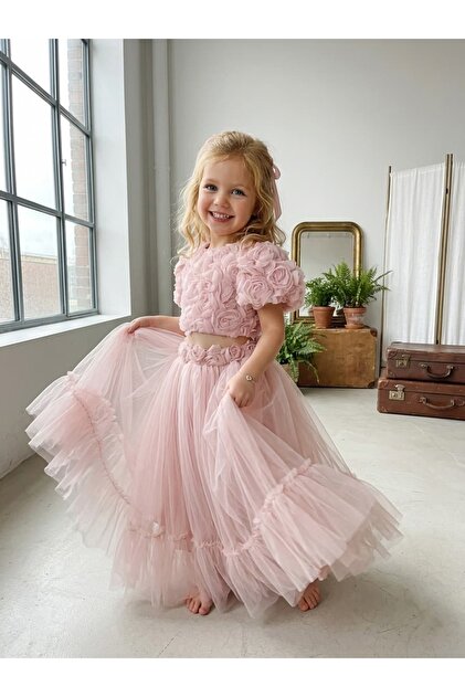 Girl's Rose Embossed Detail Crop Skirt Set-Powder