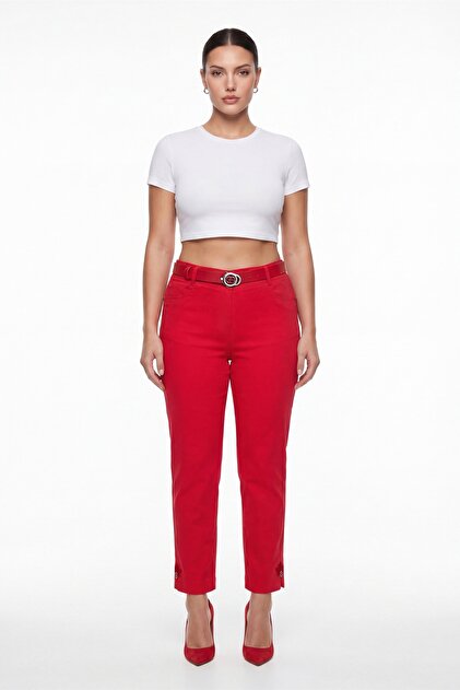 Women's Red Summer Slim Pants with Belt and Embroidery Detail