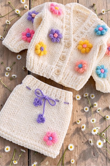 El Knitted Baby/Kid/Colorful Daisy Double Cardigan Skirt Set/Hair Bandana Clip with Gift