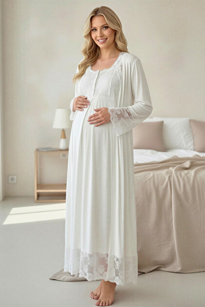 white embroidered maternity dress Lace Embroidered Maternity-Nursing Nightgown & Robe Set Ecru main image 0