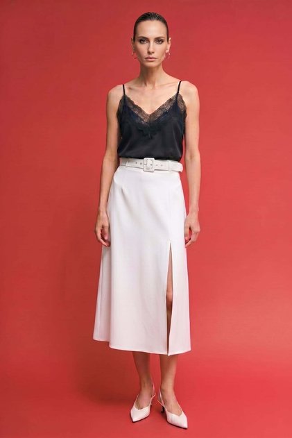 Belted Flared Skirt with Slit Detail - Ecru