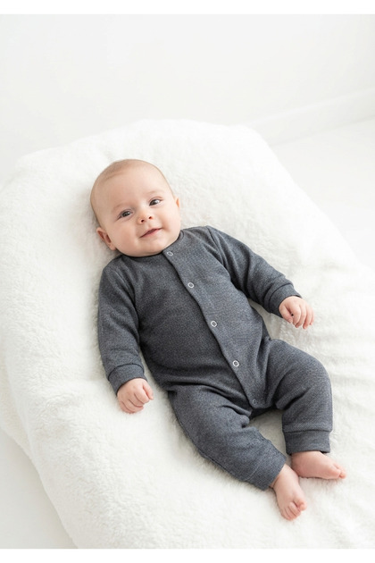Baby Dark Gray Melange Self-Textured Long Sleeve Cotton Jumpsuit