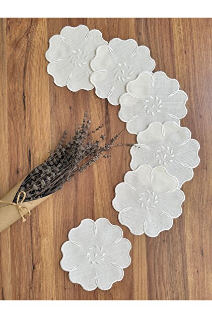 NURHAN HOME COLLECTION Maison Fleur Ekru Nakışlı 6'lı Keten Kahve